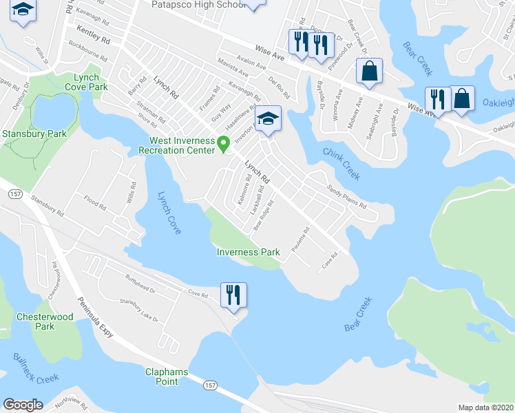 map of restaurants, bars, coffee shops, grocery stores, and more near 2057 Larkhall Road in Dundalk