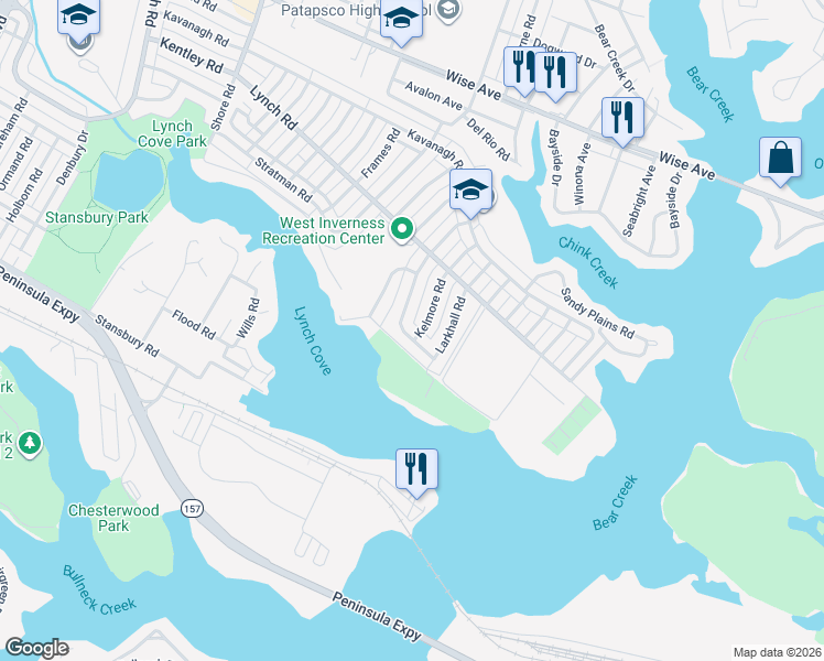 map of restaurants, bars, coffee shops, grocery stores, and more near 2107 Jasmine Road in Dundalk