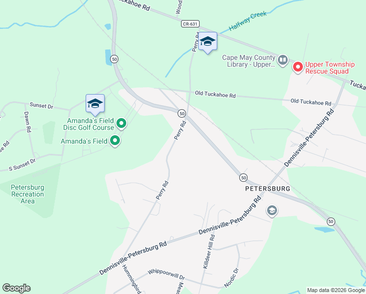 map of restaurants, bars, coffee shops, grocery stores, and more near 61 Perry Road in Woodbine