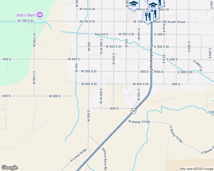 map of restaurants, bars, coffee shops, grocery stores, and more near 360 West 600 South Street in Manti