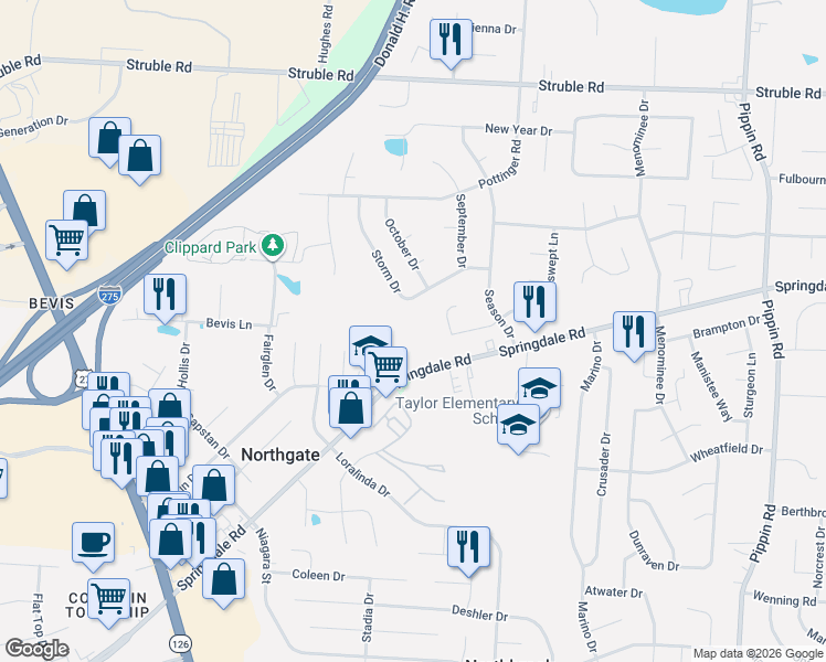 map of restaurants, bars, coffee shops, grocery stores, and more near 10229 Storm Drive in Cincinnati