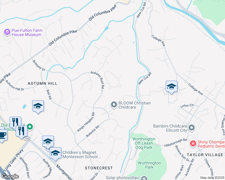 map of restaurants, bars, coffee shops, grocery stores, and more near 8505 Timber Pine Court in Ellicott City
