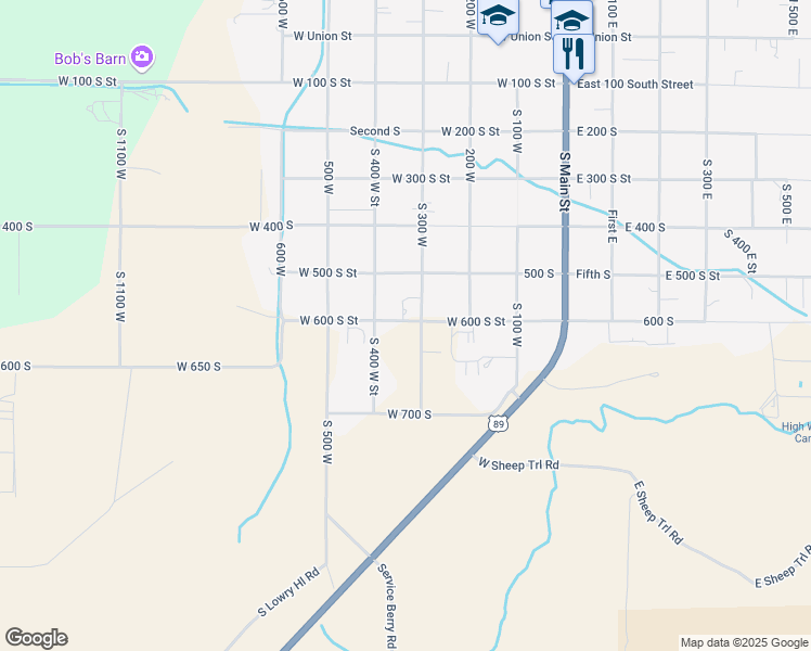 map of restaurants, bars, coffee shops, grocery stores, and more near 335 West 600 South Street in Manti