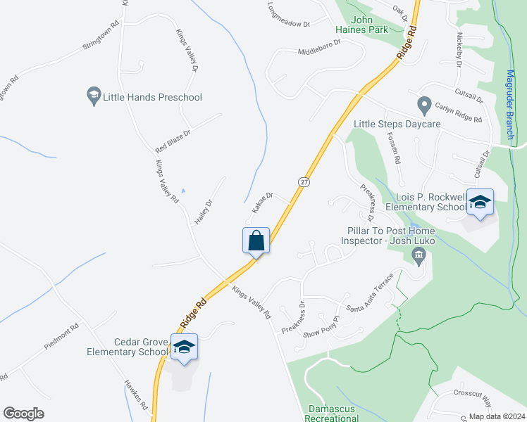 map of restaurants, bars, coffee shops, grocery stores, and more near 24401 Kakae Drive in Damascus