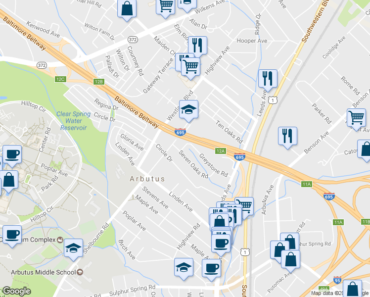 map of restaurants, bars, coffee shops, grocery stores, and more near 1205 Greystone Road in Halethorpe