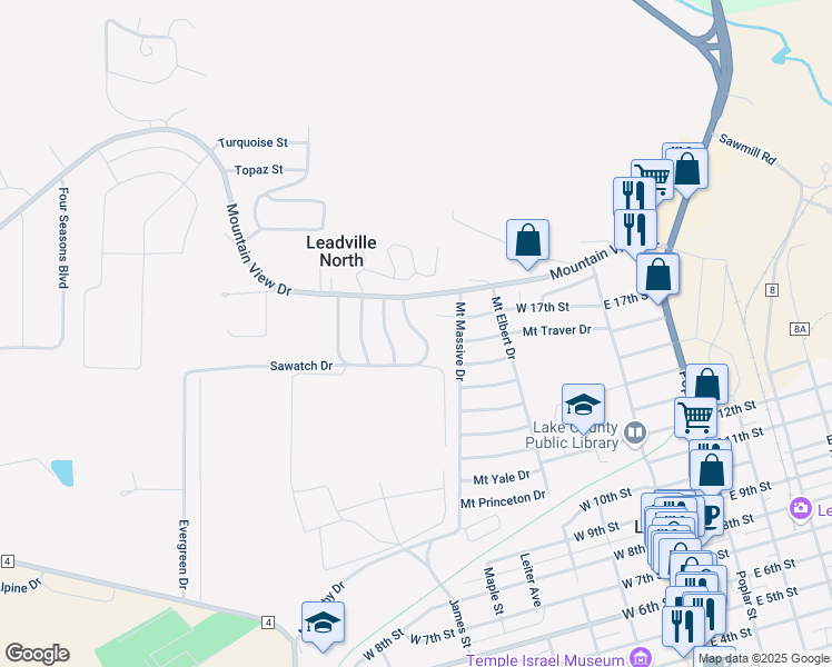 map of restaurants, bars, coffee shops, grocery stores, and more near 400 West 17th Street in Leadville