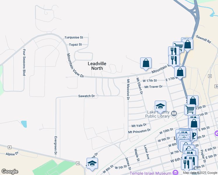 map of restaurants, bars, coffee shops, grocery stores, and more near 1612 Mount Evans Drive in Leadville