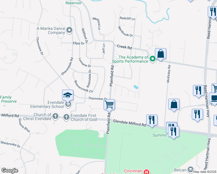 map of restaurants, bars, coffee shops, grocery stores, and more near 10549 Plainfield Road in Sharonville