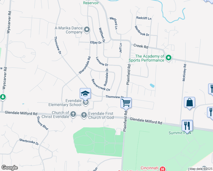 map of restaurants, bars, coffee shops, grocery stores, and more near 10556 Robindale Drive in Cincinnati
