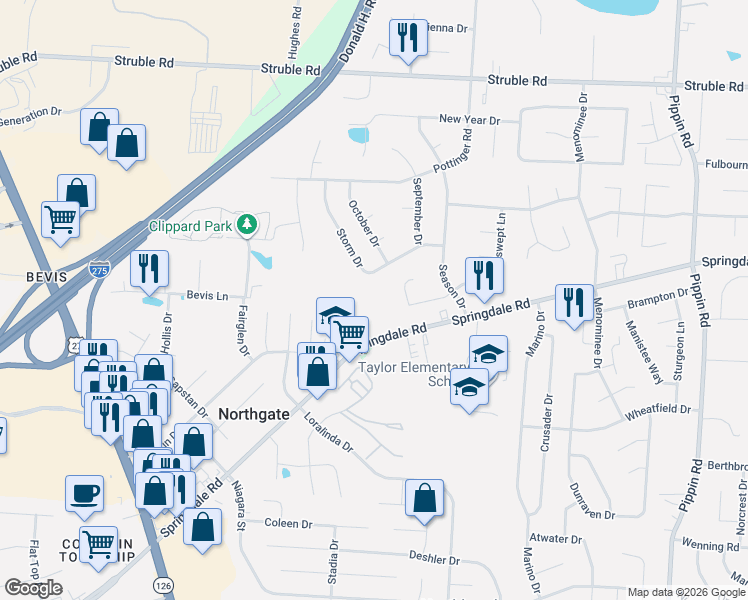 map of restaurants, bars, coffee shops, grocery stores, and more near 10229 Storm Drive in Cincinnati