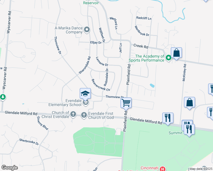 map of restaurants, bars, coffee shops, grocery stores, and more near 10556 Robindale Drive in Cincinnati