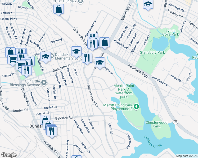 map of restaurants, bars, coffee shops, grocery stores, and more near 7609 Merritt Point Road in Dundalk