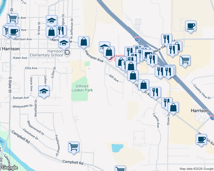 map of restaurants, bars, coffee shops, grocery stores, and more near 215 Elbern Avenue in Harrison