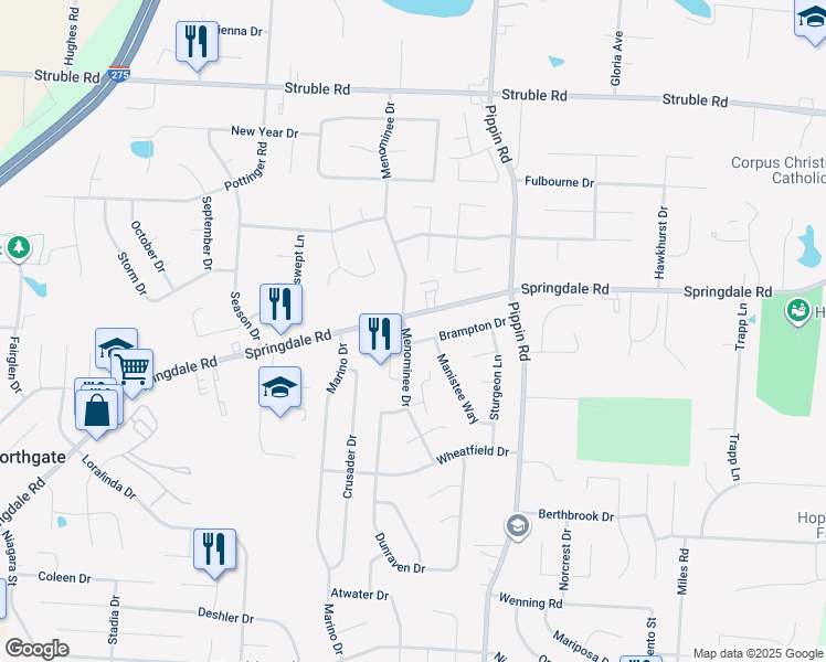 map of restaurants, bars, coffee shops, grocery stores, and more near 10138 Menominee Drive in Cincinnati