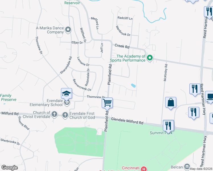 map of restaurants, bars, coffee shops, grocery stores, and more near 10549 Plainfield Road in Sharonville