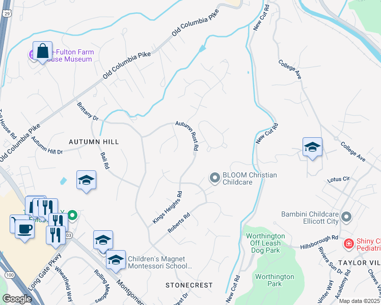 map of restaurants, bars, coffee shops, grocery stores, and more near 8416 Cedarcreek Court in Ellicott City