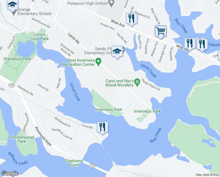 map of restaurants, bars, coffee shops, grocery stores, and more near 2050 Larkhall Road in Dundalk