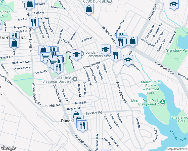 map of restaurants, bars, coffee shops, grocery stores, and more near 2916 Liberty Parkway in Dundalk