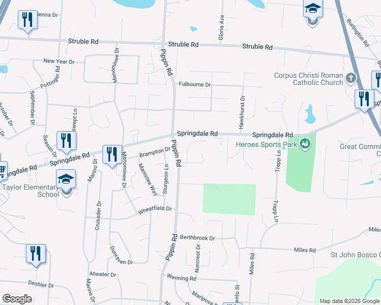 map of restaurants, bars, coffee shops, grocery stores, and more near 10142 Pippin Meadows Drive in Cincinnati