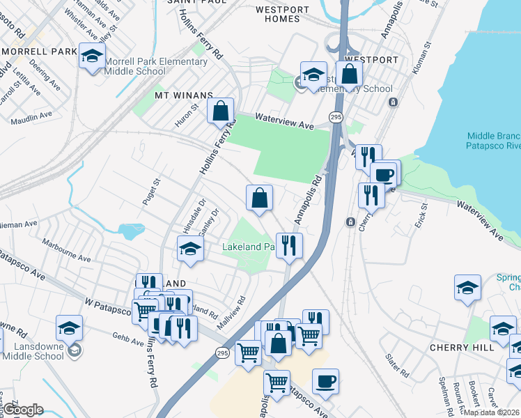 map of restaurants, bars, coffee shops, grocery stores, and more near 2701 Merchant Drive in Baltimore