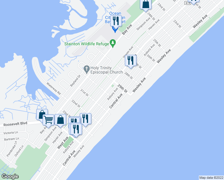 map of restaurants, bars, coffee shops, grocery stores, and more near 2936 Asbury Avenue in Ocean City