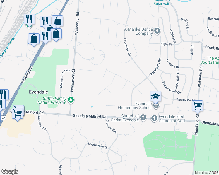 map of restaurants, bars, coffee shops, grocery stores, and more near 10597 Swindon Court in Cincinnati