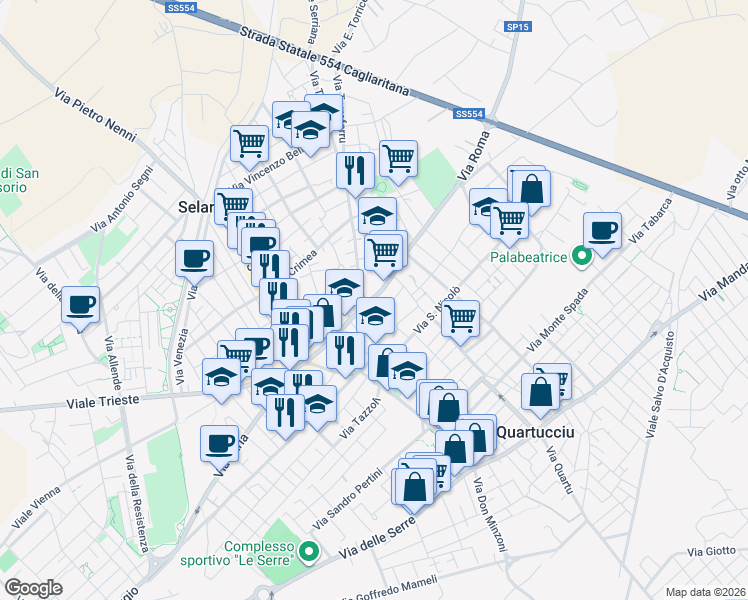 map of restaurants, bars, coffee shops, grocery stores, and more near 63 Via Roma in Selargius
