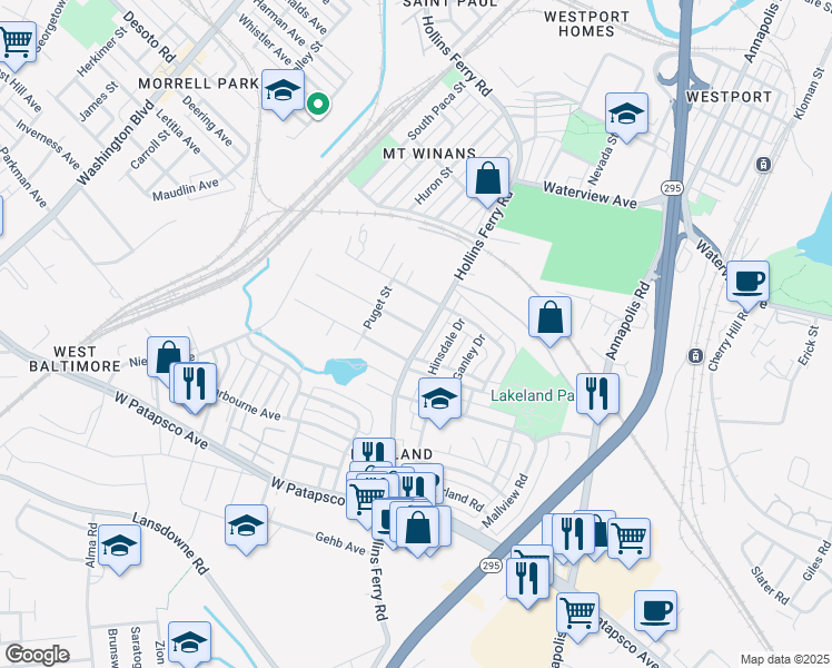 map of restaurants, bars, coffee shops, grocery stores, and more near 2814 Hollins Ferry Road in Baltimore
