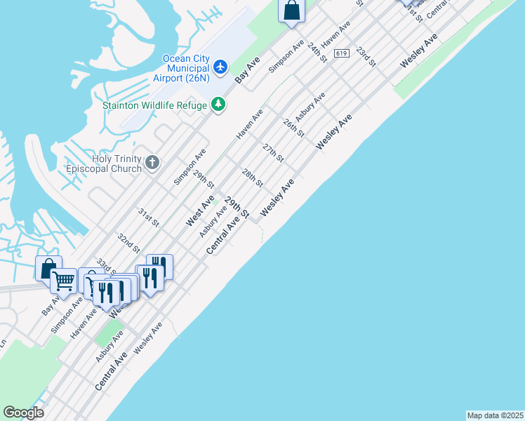 map of restaurants, bars, coffee shops, grocery stores, and more near 2822 Wesley Avenue in Ocean City