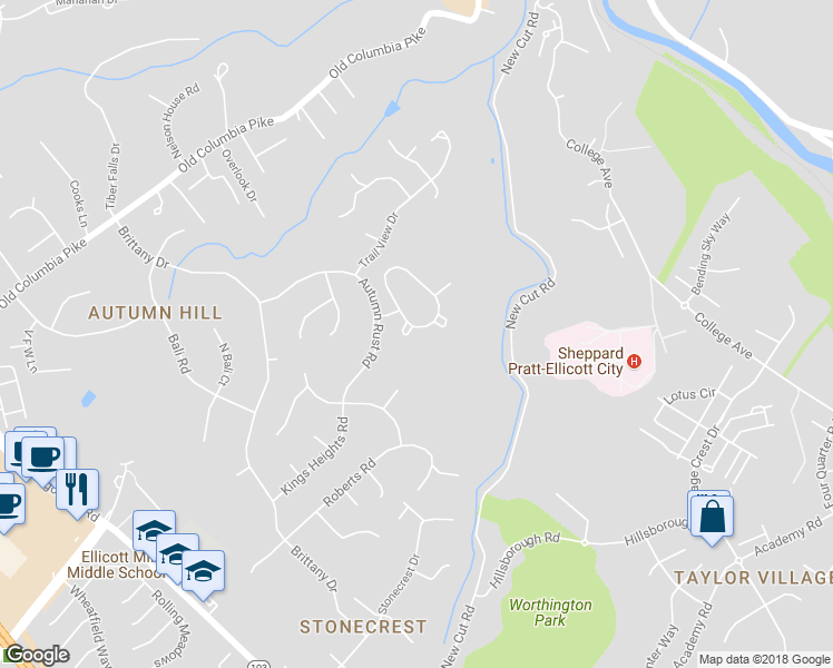 map of restaurants, bars, coffee shops, grocery stores, and more near 8501 Timber Pine Court in Ellicott City