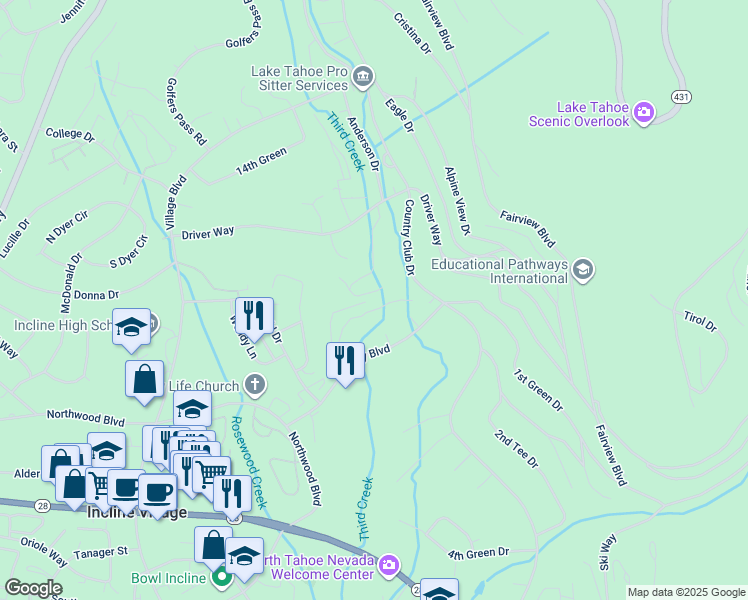 map of restaurants, bars, coffee shops, grocery stores, and more near 954 Fairway Boulevard in Incline Village