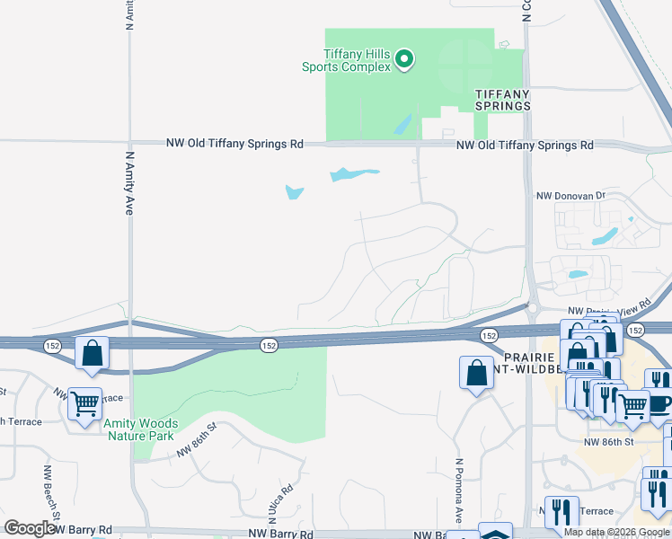 map of restaurants, bars, coffee shops, grocery stores, and more near 90th Street in Kansas City