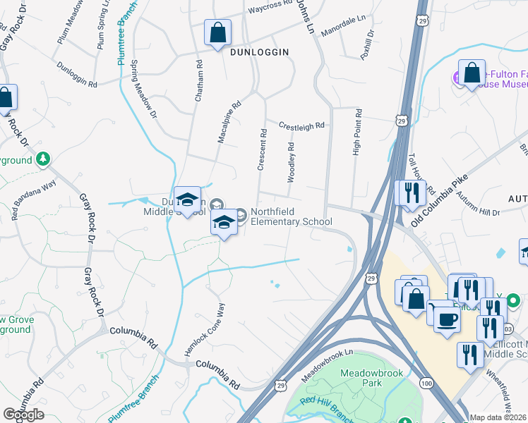 map of restaurants, bars, coffee shops, grocery stores, and more near 9122 Northfield Road in Ellicott City
