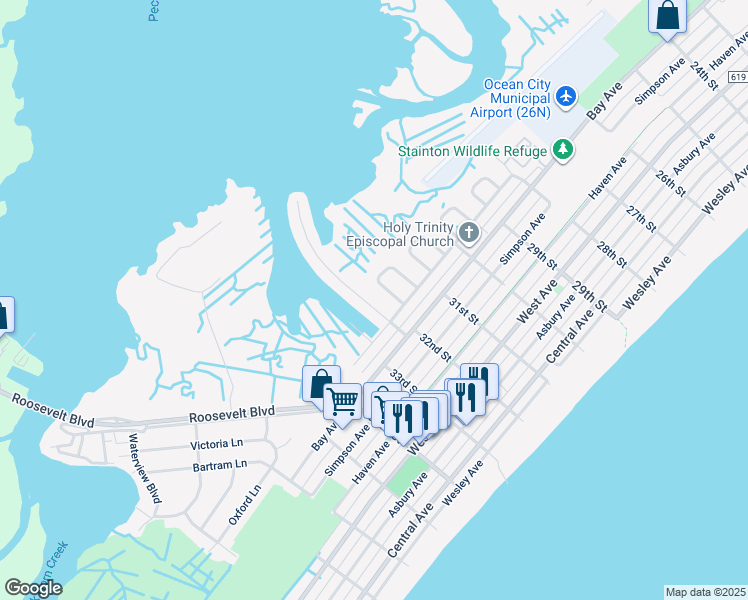 map of restaurants, bars, coffee shops, grocery stores, and more near 15 Waterway Road in Ocean City