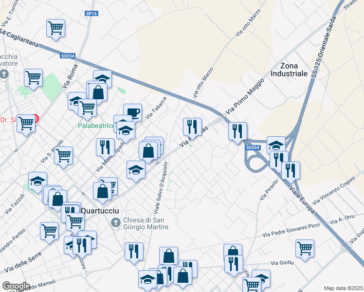 map of restaurants, bars, coffee shops, grocery stores, and more near 5A Via Nulvi in Quartucciu