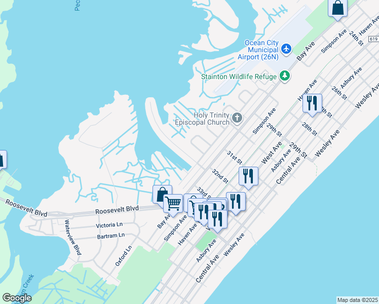 map of restaurants, bars, coffee shops, grocery stores, and more near 15 Waterway Road in Ocean City
