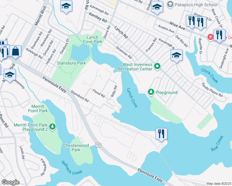 map of restaurants, bars, coffee shops, grocery stores, and more near 1917 Wills Road in Dundalk
