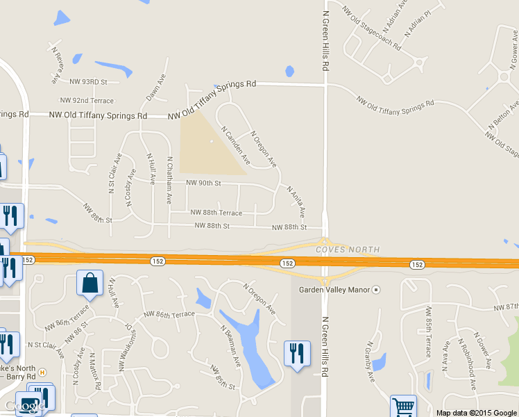 map of restaurants, bars, coffee shops, grocery stores, and more near 4706 Northwest 88th Terrace in Kansas City
