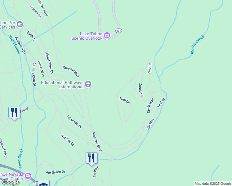 map of restaurants, bars, coffee shops, grocery stores, and more near 1501 Tirol Drive in Incline Village