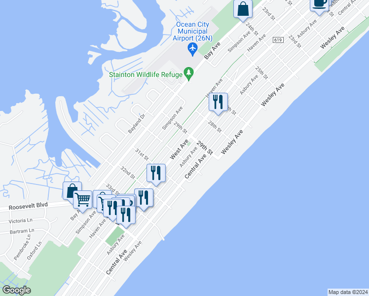 map of restaurants, bars, coffee shops, grocery stores, and more near 2936 Asbury Avenue in Ocean City