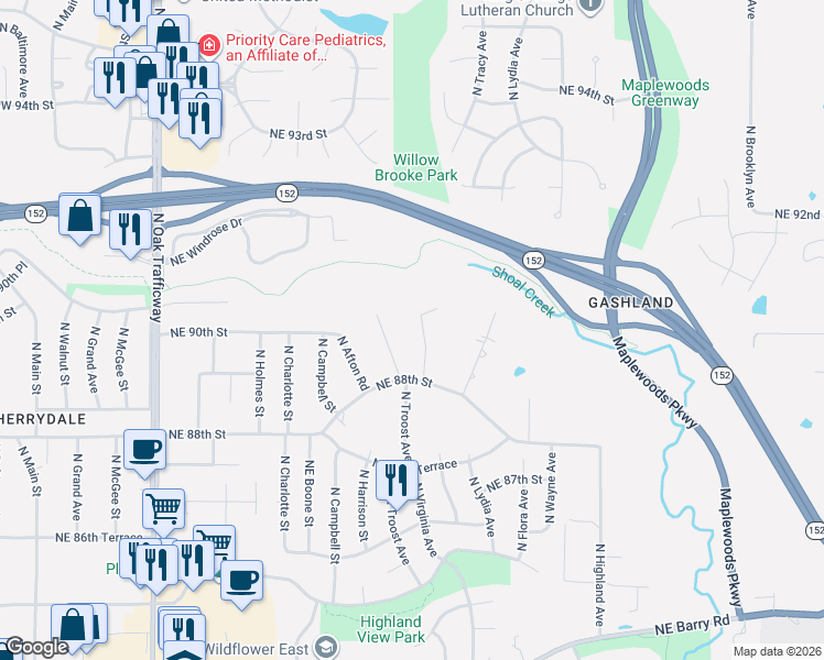 map of restaurants, bars, coffee shops, grocery stores, and more near 8840 North Forest Avenue in Kansas City