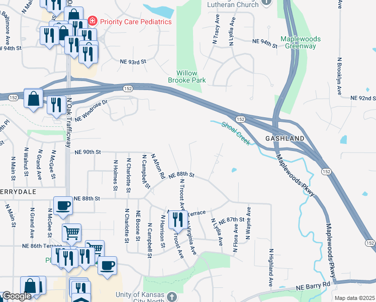 map of restaurants, bars, coffee shops, grocery stores, and more near 8840 North Forest Avenue in Kansas City