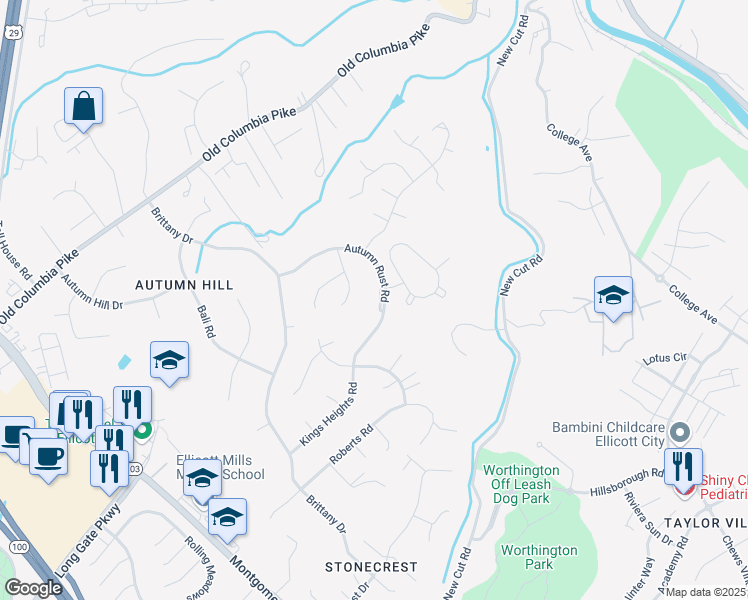 map of restaurants, bars, coffee shops, grocery stores, and more near 8412 Cedarcreek Court in Ellicott City