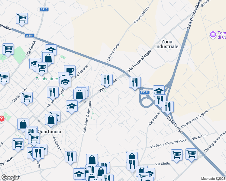 map of restaurants, bars, coffee shops, grocery stores, and more near 24 Via Suelli in Quartucciu