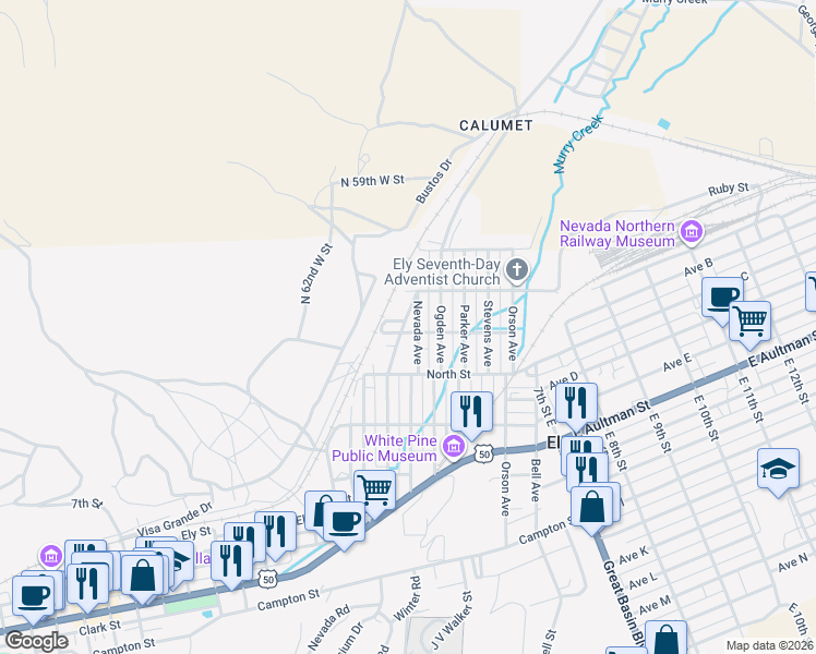 map of restaurants, bars, coffee shops, grocery stores, and more near 1752 Strandman Street in Ely