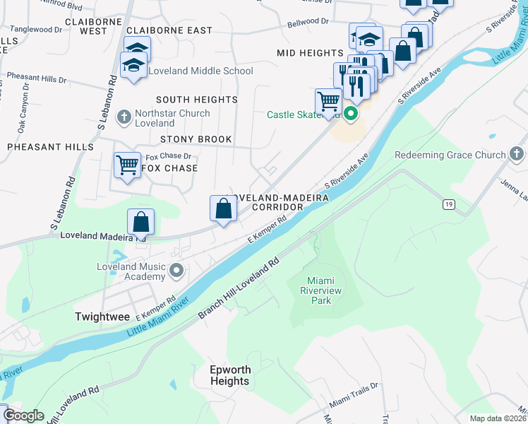 map of restaurants, bars, coffee shops, grocery stores, and more near 1419 Loveland Madeira Road in Loveland