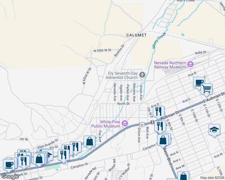 map of restaurants, bars, coffee shops, grocery stores, and more near 1752 Strandman Street in Ely