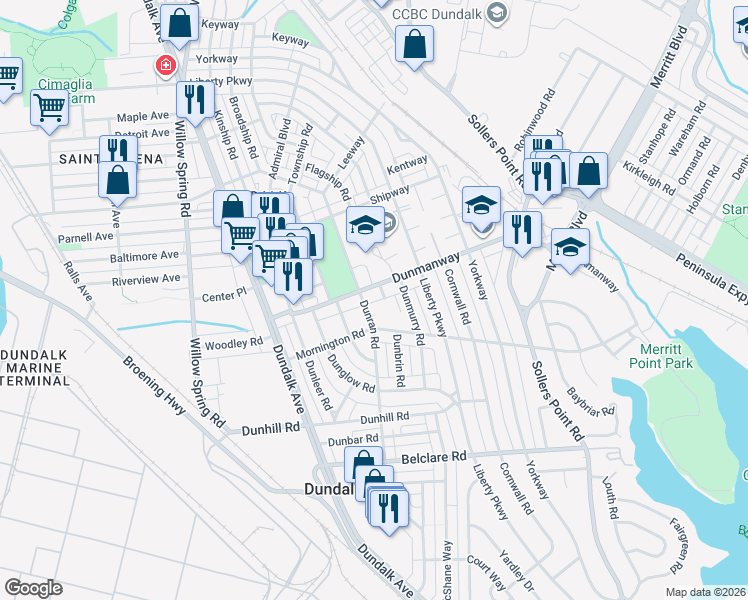 map of restaurants, bars, coffee shops, grocery stores, and more near 7003 Dunmanway in Dundalk