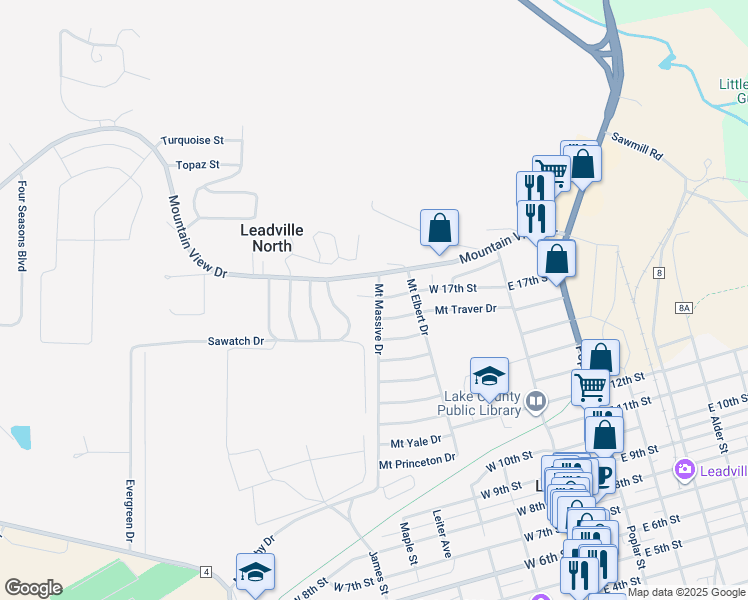 map of restaurants, bars, coffee shops, grocery stores, and more near 317 Mount Traver Drive in Leadville