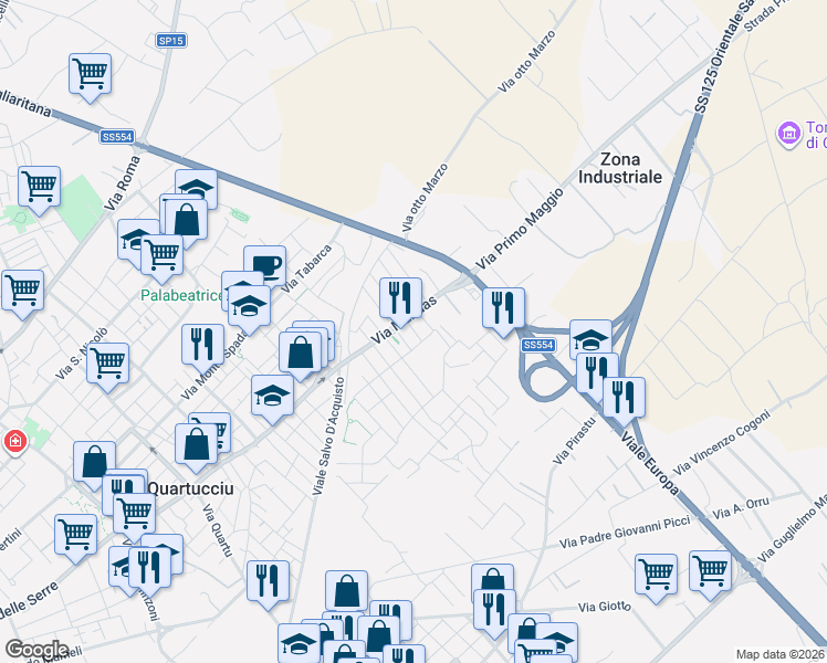 map of restaurants, bars, coffee shops, grocery stores, and more near 24 Via Suelli in Quartucciu